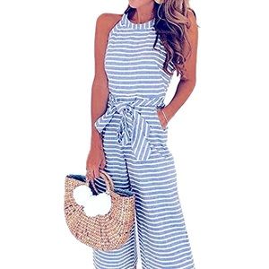 Ru Sweet Women Striped Waist Belted Wide Leg Jumpsuit Blue & White